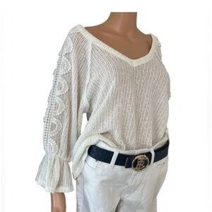 🪞 NEW oversized crochet V neck 3/4 sleeve sweater top in cream